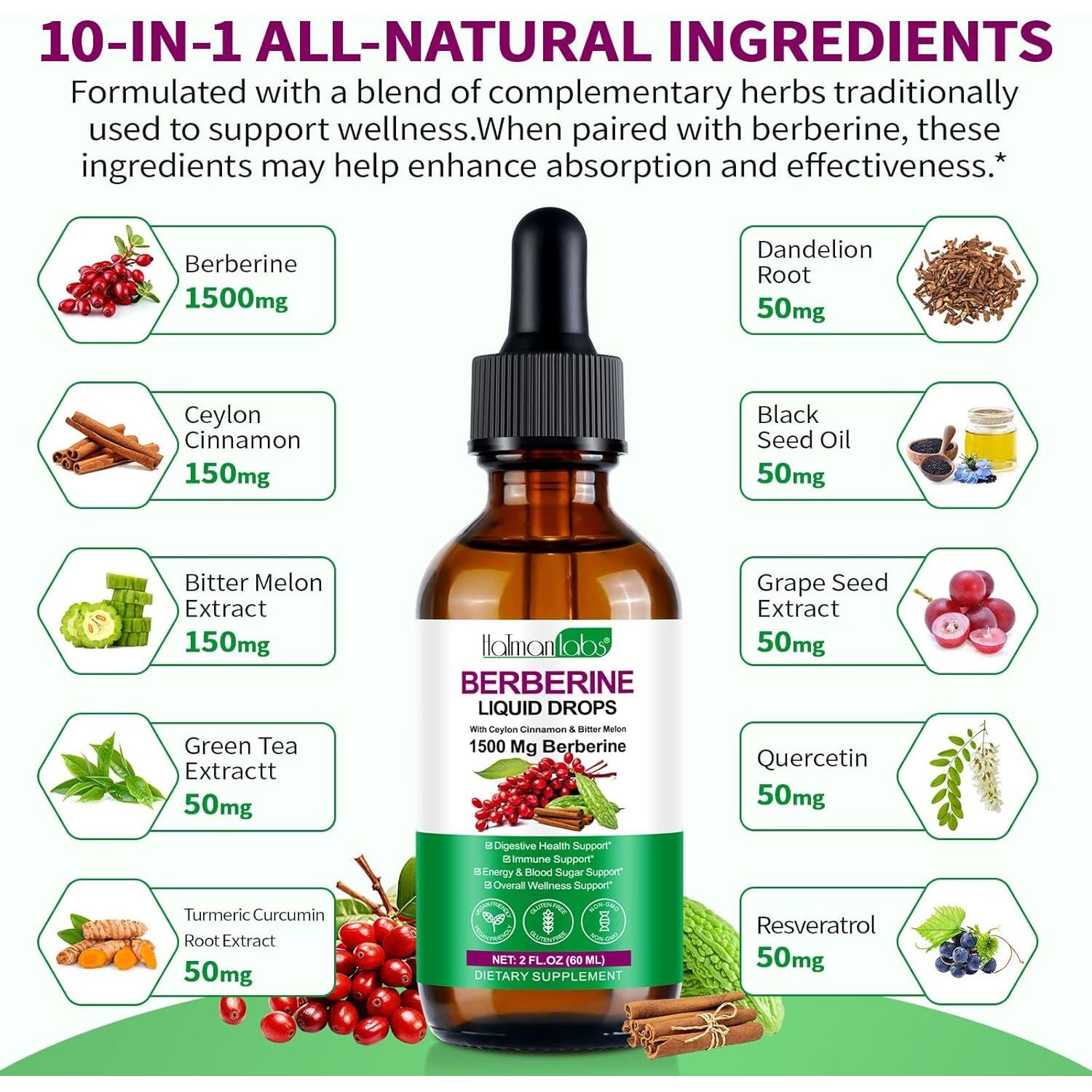 Berberine Liquid Drops, Berberine Supplement with High Strength Support Energy, Gut Health, Immune System & Metabolism Support, Health Supplement & Vitamins for Women & Men, Sugar Free, Non-Gmo - 60Ml