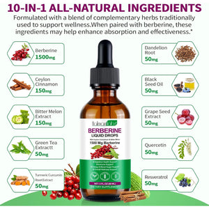 Berberine Liquid Drops, Berberine Supplement with High Strength Support Energy, Gut Health, Immune System & Metabolism Support, Health Supplement & Vitamins for Women & Men, Sugar Free, Non-Gmo - 60Ml
