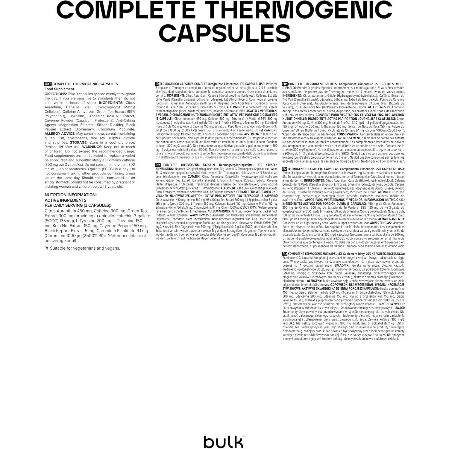 Bulk Complete Thermogenic, Pre-Workout with Caffeine, Chromium, Green Tea, Citrus Aurantium, Kola Nut, Bioperine, Cayenne Pepper, L-Tyrosine, L-Theanine, Pack of 90, 90 Servings, Packaging May Vary