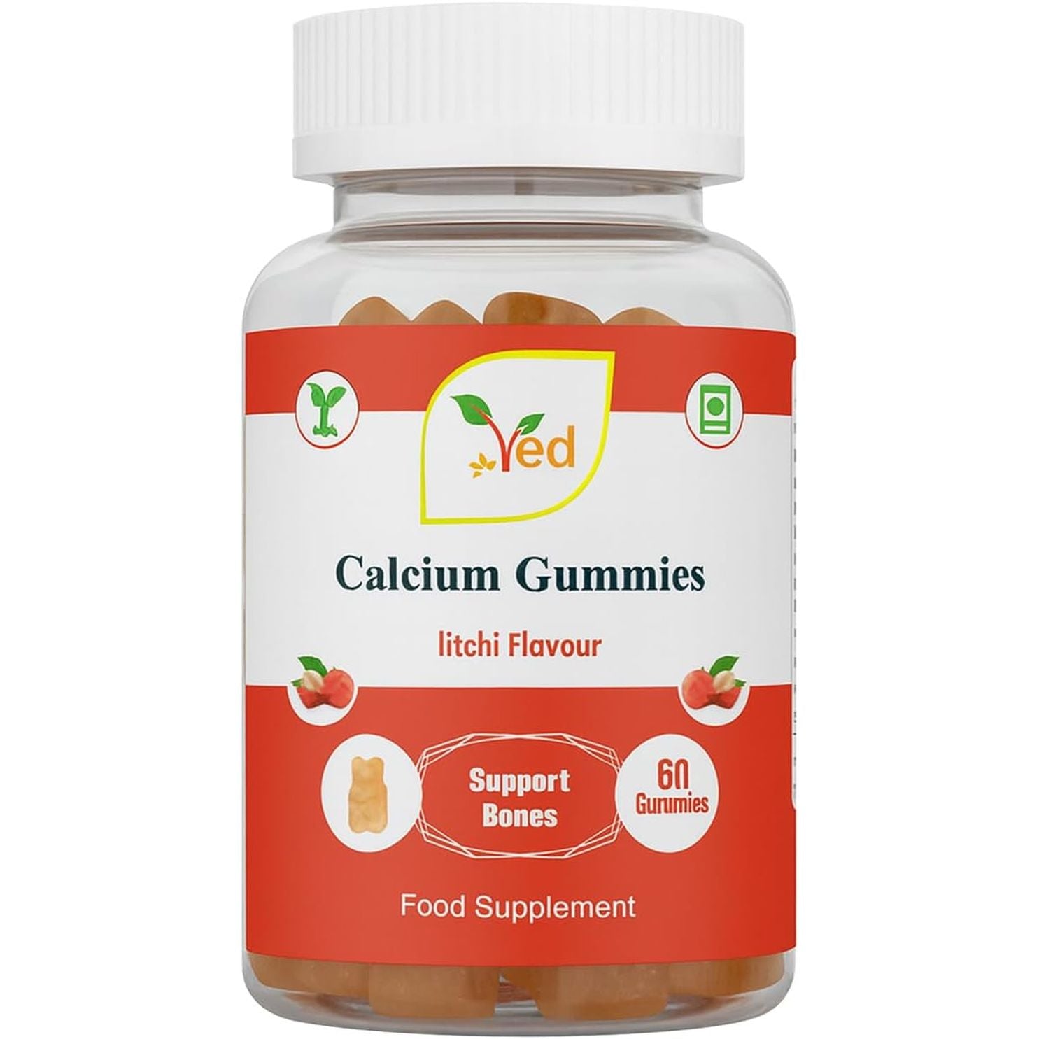 Ved Calcium Gummies; Chews Litchi Flavour, Calcium & Vitamin D Gummies, Vegetarian Vegan Health Supplement - 60 Chews 30 Days’ Supply