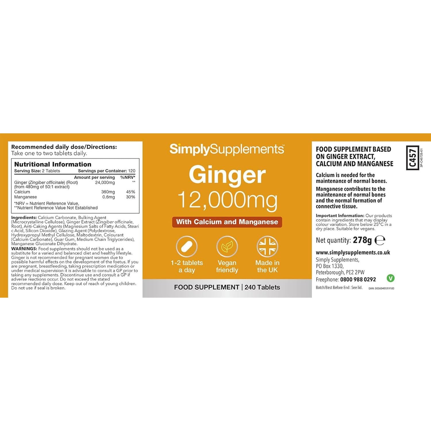Ginger Tablets | Supports Joints, Bones & Energy | with Added Calcium & Manganese | 240 High-Strength Tablets = 4 Months’ Supply | Joint and Digestive Support | Gmp-Certified & Uk-Made