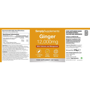 Ginger Tablets | Supports Joints, Bones & Energy | with Added Calcium & Manganese | 240 High-Strength Tablets = 4 Months’ Supply | Joint and Digestive Support | Gmp-Certified & Uk-Made