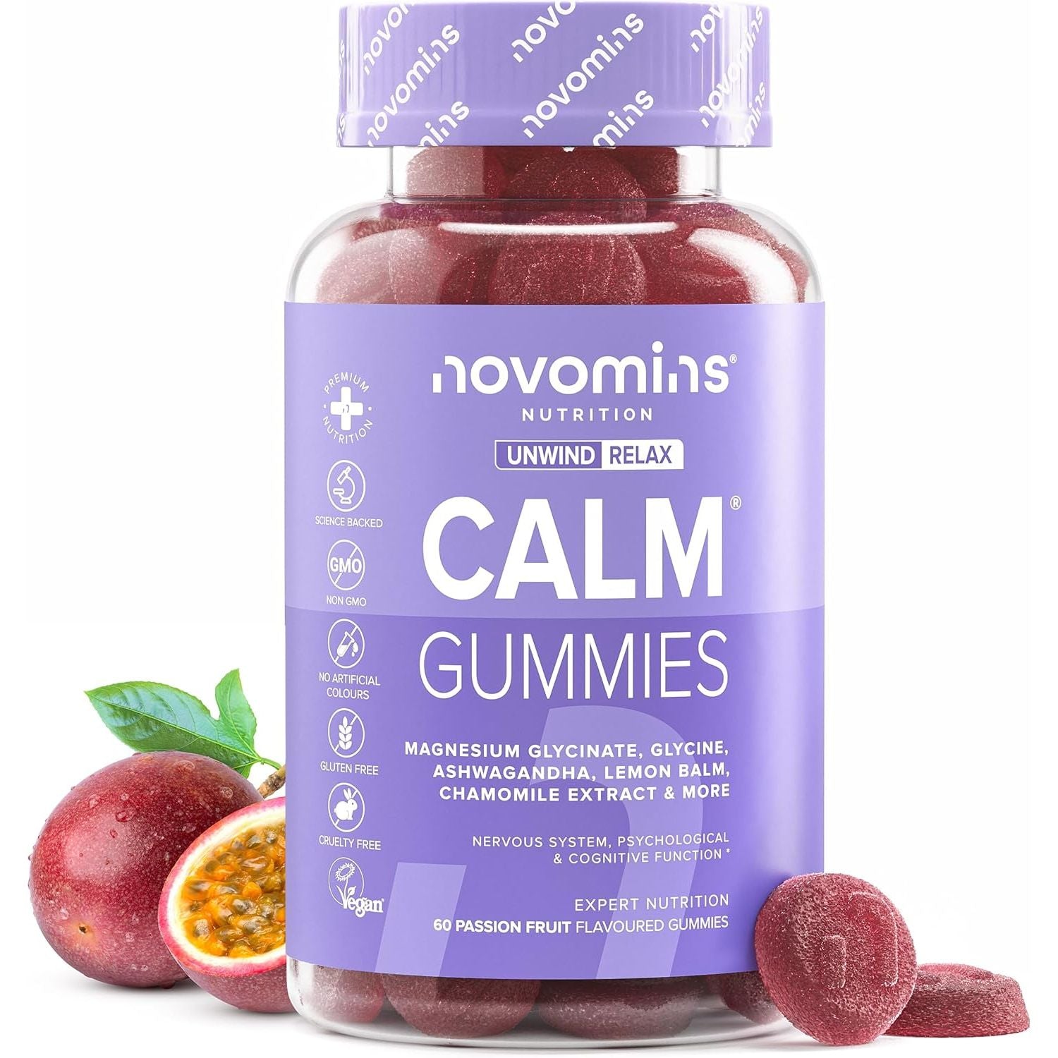 Magnesium Glycinate Gummies - Calm Gummies with 450Mg Magnesium Glycinate, Ashwagandha, Glycine, Lemon Balm, Chamomile, Vitamin B12 and Iodine – Rescue and Calms Your Mind - Novomins
