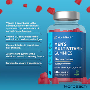 Multivitamin Gummies for Men | 60 Count | Natural Strawberry Flavour | 14 Key Nutrients with Vitamin A, B12, C, D and Zinc | Suitable for Vegans and Vegetarians | by Horbaach