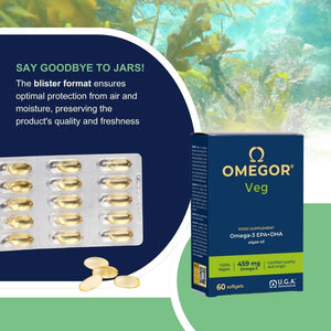 Vegan Omega 3 OMEGOR Veg - Algae Oil Omega3 Capsules Certified by IFOS and Vegan Society - 250Mg EPA and 125Mg DHA with Vitamin E (60 Caps)