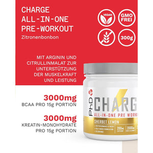 Phd Charge, All in One Pre Workout Powder with Creatine for Women and Men, Rich in Beta Alanine, High Caffeine for Pre-Workout, Sherbert Lemon Flavour, 20 Servings per 300G Bottle