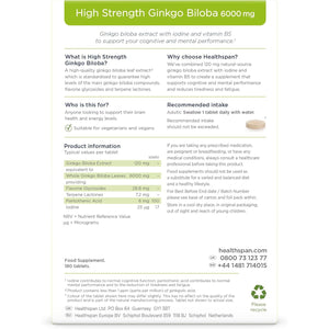 Healthspan Ginkgo Biloba 6,000Mg | High Strength | 180 Tablets | Iodine | Vitamin B5 | Flavone Glycosides | Vegan