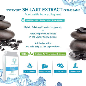 Shilajit 1000Mg – Containing Natural Fulvic Acid - 100% Pure Extract; No Fillers, No Binders, No Flow Agents – Manufactured and Tested in the UK - Suitable for Vegetarians and Vegans