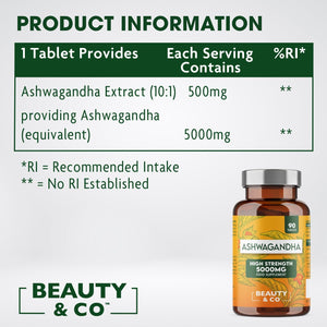 Ashwagandha 5000Mg 90 Tablets, Super High Strength Ashwagandha- 3 Months Supply from Beauty & Co, Pure Ashwagandha, Vegan, Made in the UK.