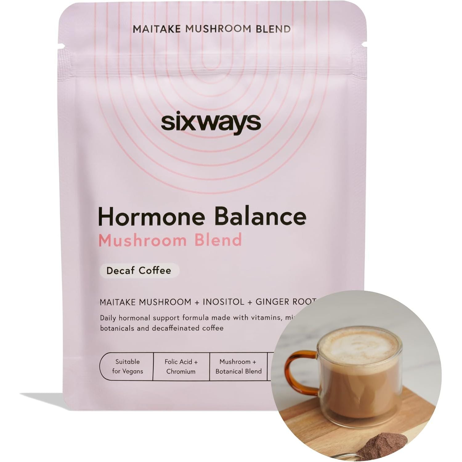 Sixways Hormone Balance, Mushroom Coffee, Decaf Coffee Flavour, Functional Mushroom Powder, Myo-Inositol PCOS Supplement, 30 Servings (150G), Myo-Inositol, PMS Support, Vegan, 200Ug Chromium