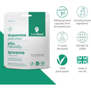 Dopamine Supplements | Natural L Tyrosine Supplement 800Mg | 1-A-Day L-Tyrosine High Strength Capsules (60) | Dopamine Brain Food Nootropic | Alertness & Motivation | Vegan | 2-Month Supply