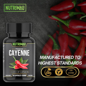 Nutrimali Cayenne Pepper Organic - 90 Vegan Capsules | High Strength up to 1500Mg | Natural Herbal Supplement | Zero Fillers 100% Natural & Eco Friendly Packaging