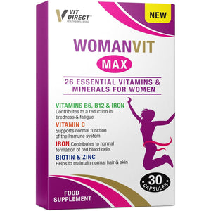 Vit Direct - Woman VIT Max Capsules - 30 Capsules - with Vitamin C, Iron, Biotin, Zinc, Vitamin B6 & B12 - Contains 26 Vitamins & Minerals - Womens Multivitamins - Complete Nutritional Support