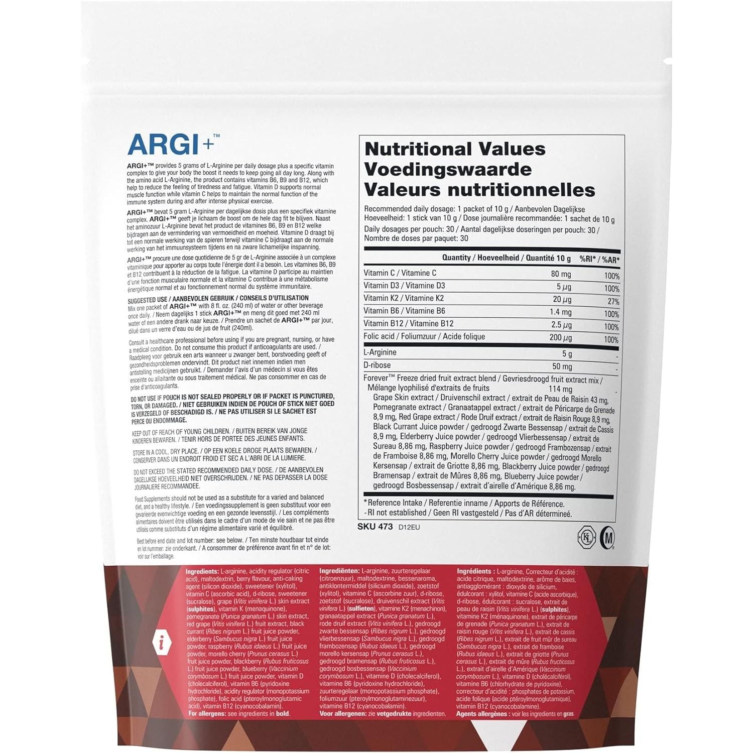 Forever Living Products ARGI+, 30 Sachets per Pouch, Delicious Berry Flavour, 5G of L-Arginine per Serving, Gluten Free