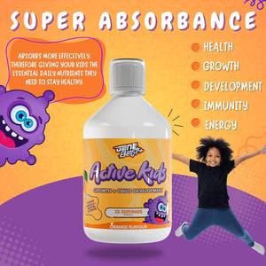 Gene Blast Active Kids Liquid Multivitamin Supplement, Minerals, and Super Greens for Children Aged 3-16 | 29 Essential Nutrients | Child Vitamins, Body Energiser Health, Growth & Development – 500Ml