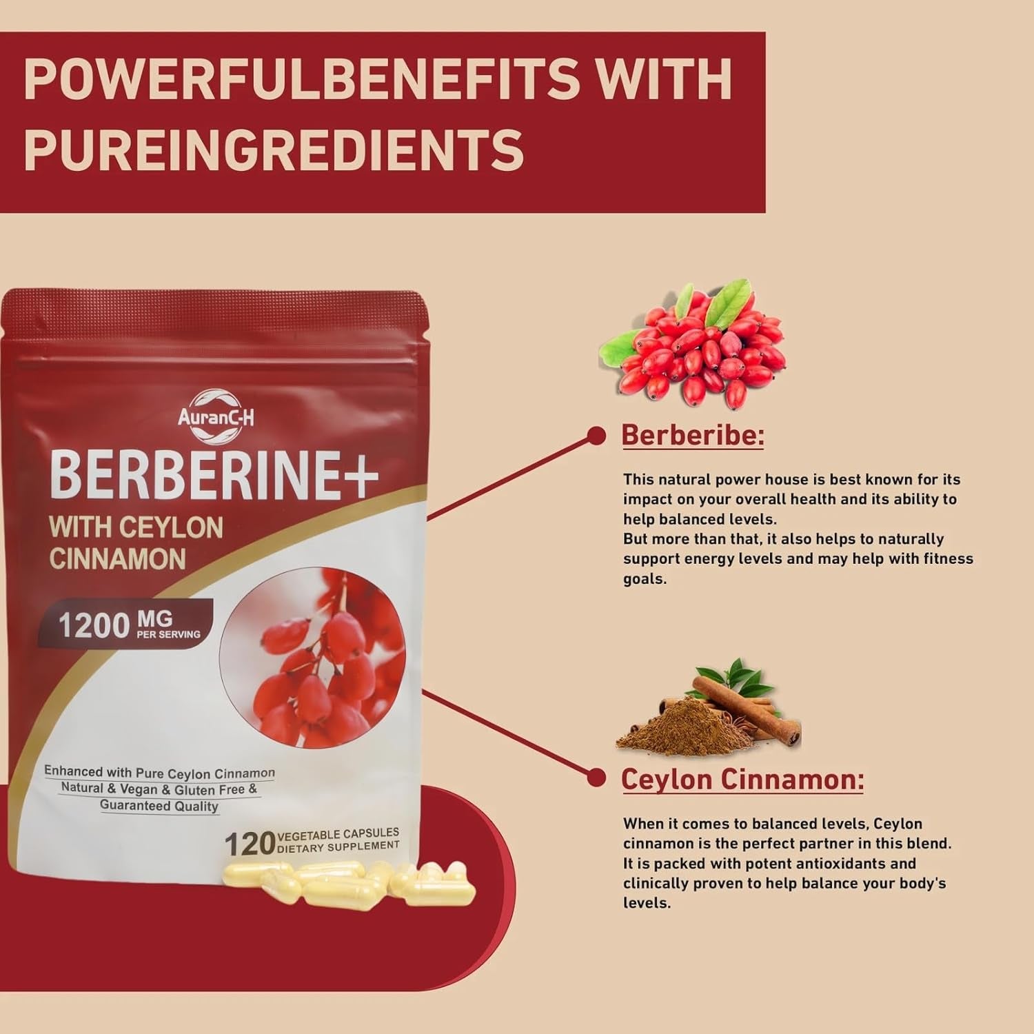 Berberine HCL Supplement Berberine 1200Mg Serving HCL 120 Capsules - plus Pure True Ceylon Cinnamon,Healthy Weight for Both Men and Women, 2 Month Supply