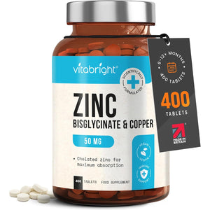 Zinc Supplements with Copper | 50Mg Daily | 400 Zinc Tablets | 6+ Months | Zn Bisglycinate for Men & Women | High Absorption, High Strength Zink and Copper Supplement | Made in UK | Vitabright