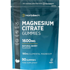 Magnesium Gummies 1600Mg | Citrate Providing 180Mg Elemental Magnesium | Berry Flavoured | Supplement for Women & Men | 90 Vegan Gummies | by Horbaach