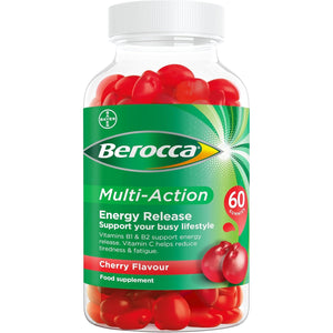 Berocca Multi-Action Multivitamin Gummies - Including Vitamin D, C, A, B-Complex (B1, B2, B3, B6, B7 & B12), E - Supplement for Women, Men and Kids - 60 Gummies - Cherry Flavour