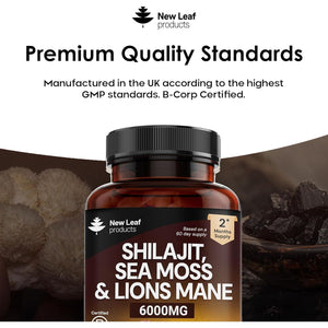 Shilajit Seamoss and Lions Mane Capsules 6000Mg - High Strength Complex - 60% Fulvic Acid Shilajit, Irish Sea Moss, Lions Mane 100% Fruiting Body - Vegan, UK Made 120 Capsules