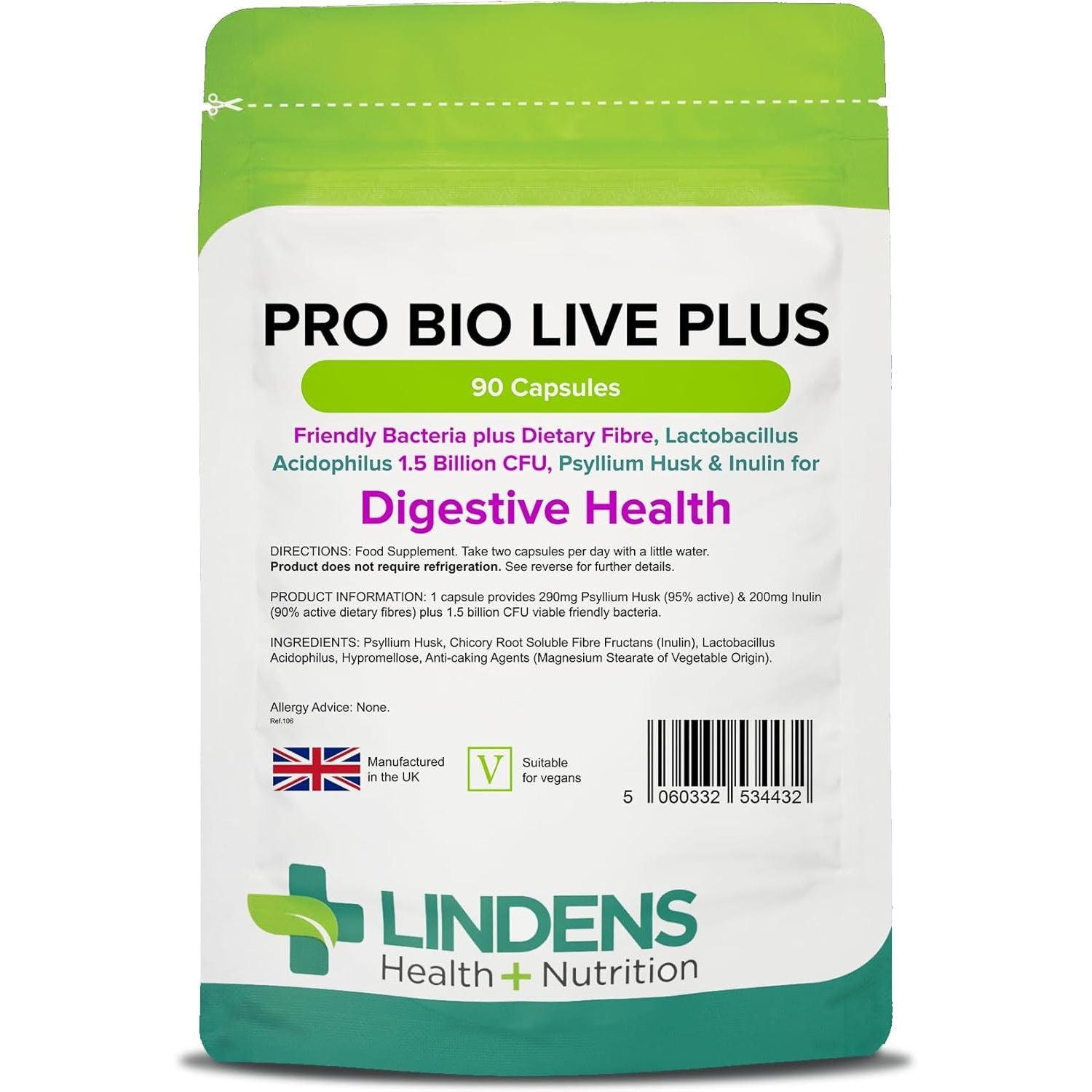 Lindens - Pro Bio Live plus Dietary Fibre - 90 Capsules - UK Made - Lactobacillus Acidophilus, 1.5 Billion CFU with Psyllium Husk & Inulin, Healthy Digestion - Letterbox Friendly, Vegan