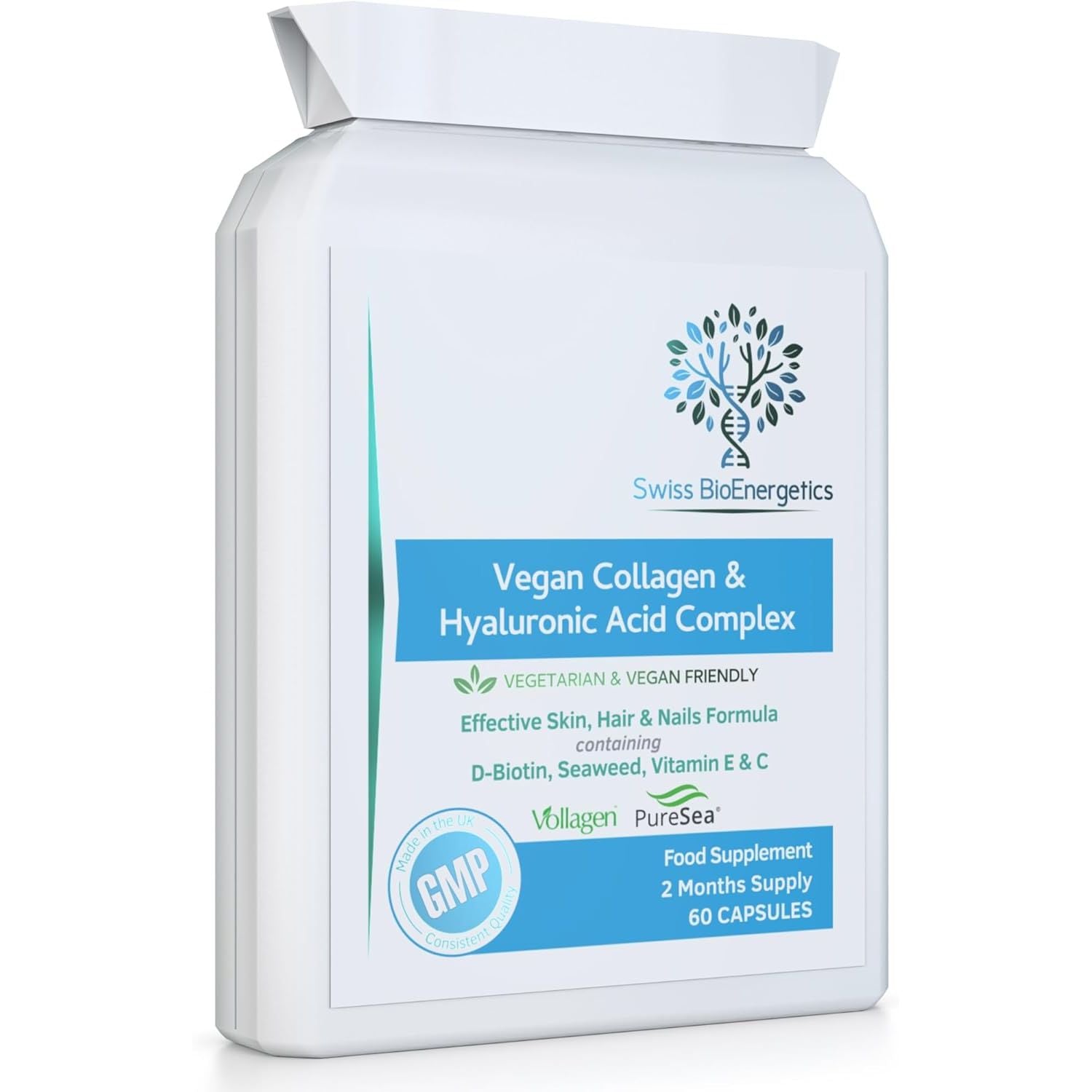 Vegan Collagen & Hyaluronic Acid Complex - 60 Capsules - Effective Skin, Hair & Nails Formula with 500Mg of Vollagen in the Exact Amino Ratios of Human Collagen - D-Biotin, Seaweed, Vitamins E&C