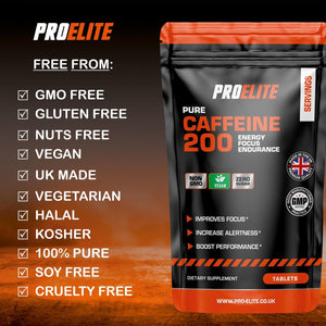 Caffeine 200Mg 120 Vegan Tablets | Energy Boost & Exercise Support Pre Workout Weight Loss | Improve Focus & Alertness | Vegan UK Made | Better than Caffeine Gels Gummies Capsules by PROELITE
