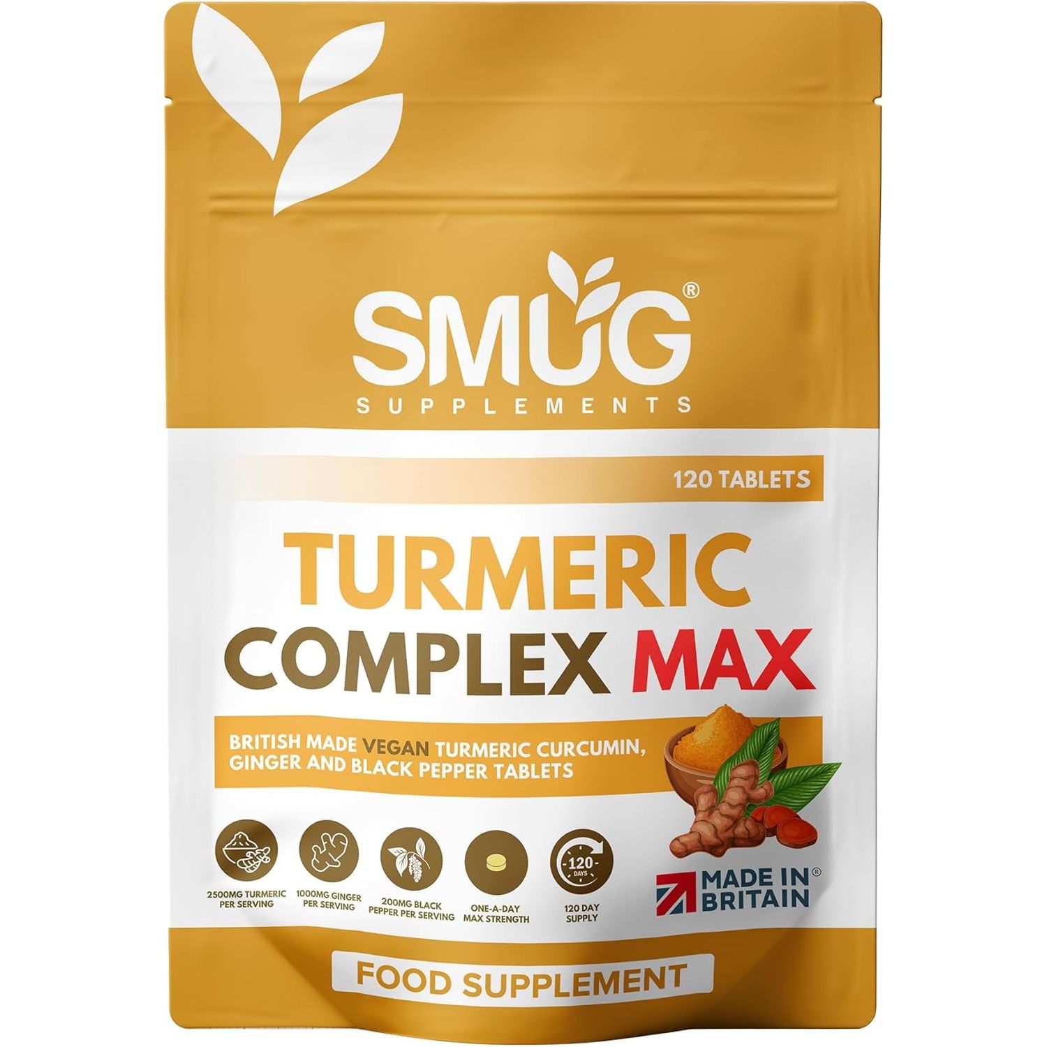 Turmeric Complex MAX 2000Mg with Ginger & Black Pepper - British Made by SMUG Supplements - 120 Vegan Tablets - 3-In-1 Blend - Suitable for Men and Women