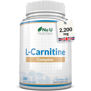 L-Carnitine Tartrate Complex 2200Mg - 180 Vegan Capsules - with Chromium, Riboflavin, Biotin, Vitamin D, B3 & B6 - High Strength L Carnitine Supplement - Made in the UK - Nu U Nutrition