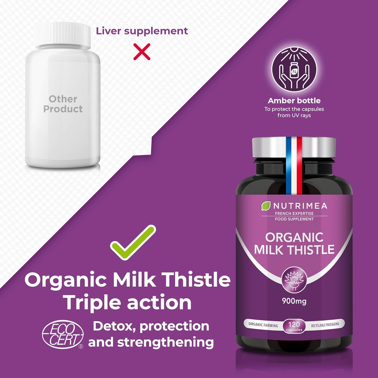 Organic Milk Thistle - Pure Seed Powder Excipient Free - Triple Action Liver Supplement: Detoxify, Protect & Strengthen - 120 Vegan Capsules - High Strengh - French Expertise - Nutrimea