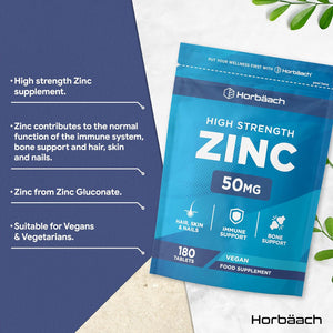 Zinc Supplement 50Mg | High Strength Zinc Tablets - 500% NRV | 180 Vegan Tablets | Immune Support Supplement | by Horbaach