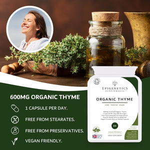 Organic Thyme 400Mg | Natural Thymus Vulgaris Herb Supplement | 60 Capsules | Vegan Friendly & Herbal UK Made | 60 Servings, 2 Month Supply by Epigenetics
