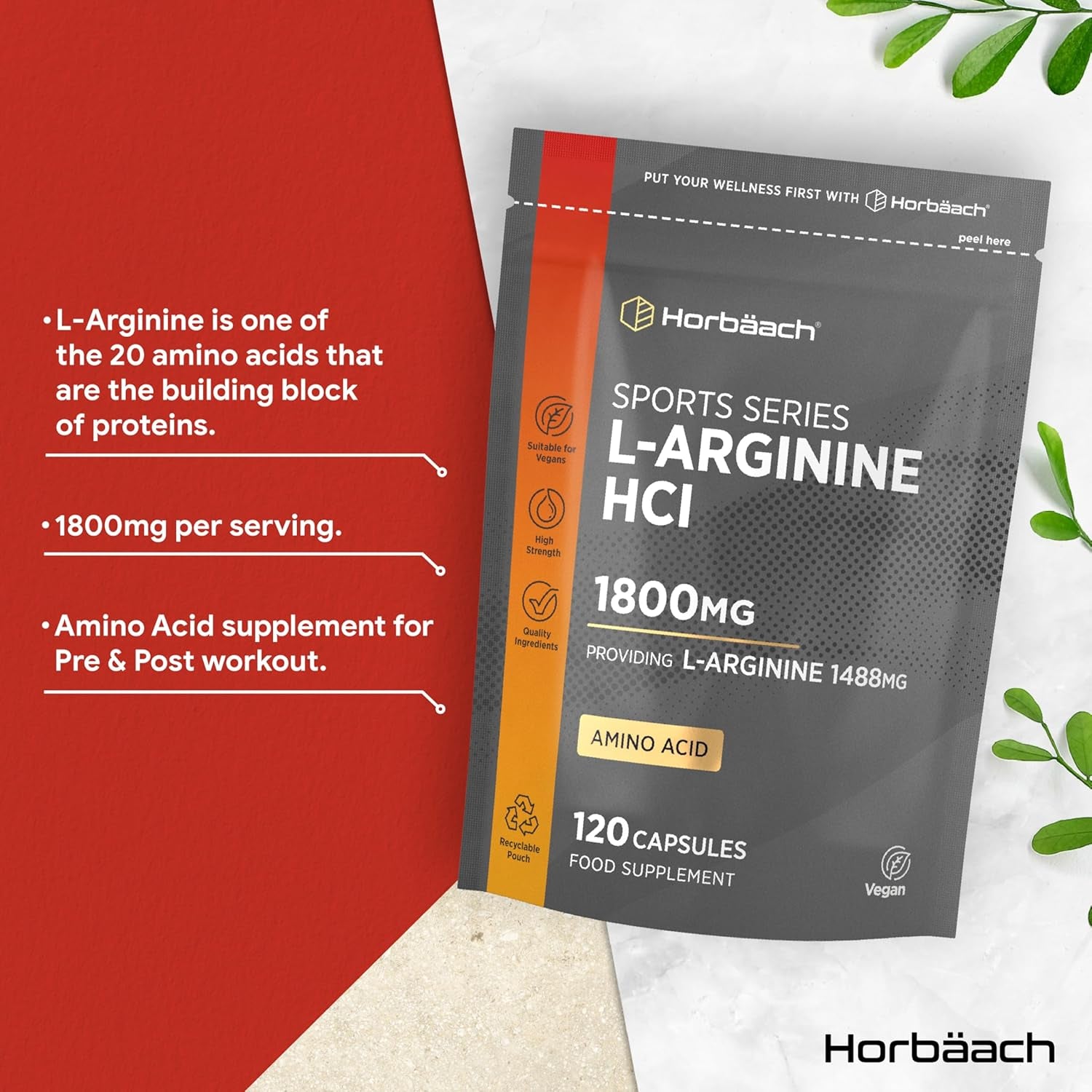 L-Arginine Supplement 1800Mg | 120 Vegan Capsules | High Strength Amino Acids Capsules for Pre and Post Workout | Keto Diet Friendly | by Horbaach