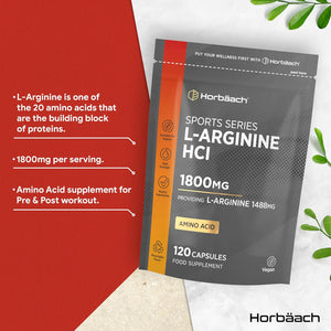 L-Arginine Supplement 1800Mg | 120 Vegan Capsules | High Strength Amino Acids Capsules for Pre and Post Workout | Keto Diet Friendly | by Horbaach