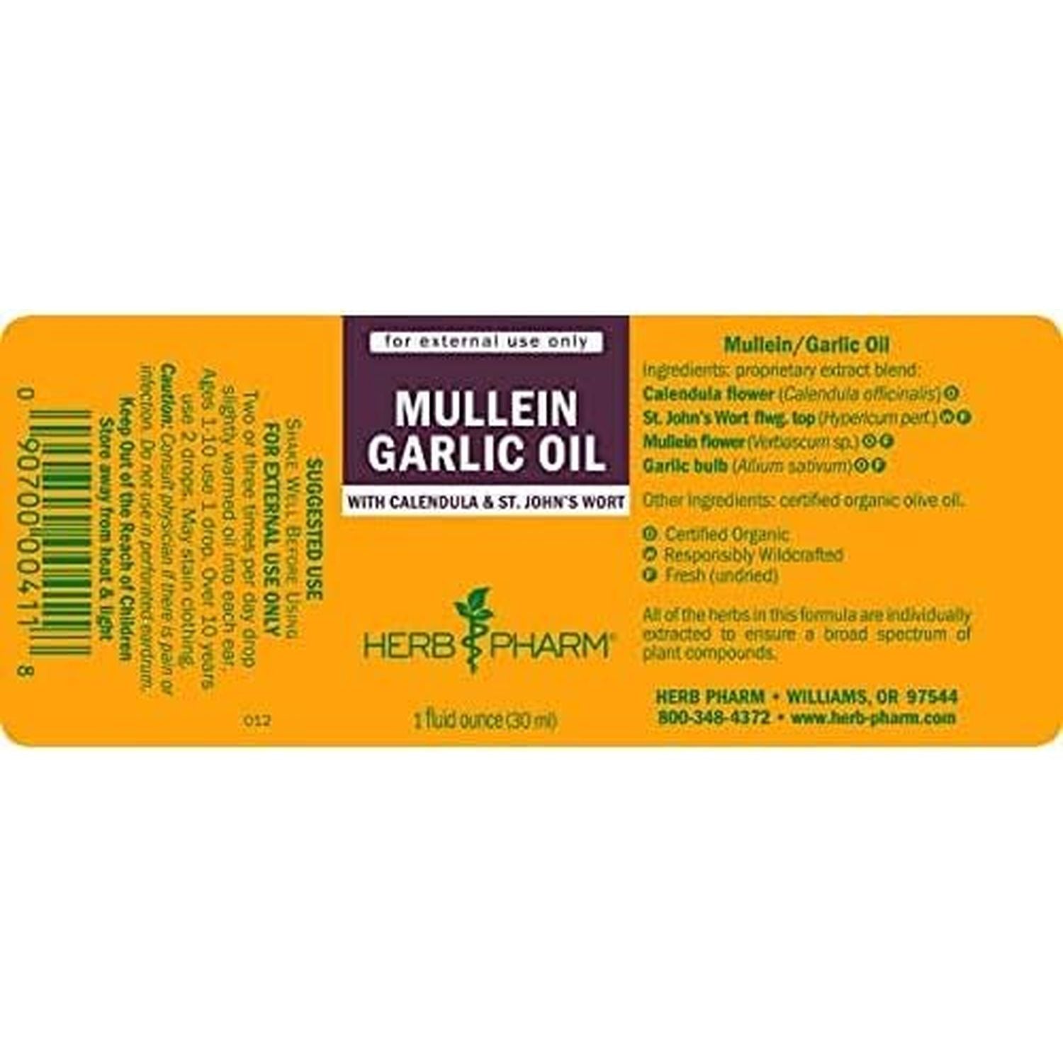 Herb Pharm Mullein Garlic Herbal Oil - Contains Calendula, Garlic, Mullein Flower, St. John'S Wort, Olive Oil, 1 Ounce