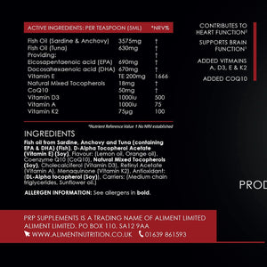 PRP Supplements Ultimate Fish Oil Liquid | 300Ml High Strength Omega 3 Fish Oil with EPA, DHA, Coq10, GLA, Vitamins A, D and K2