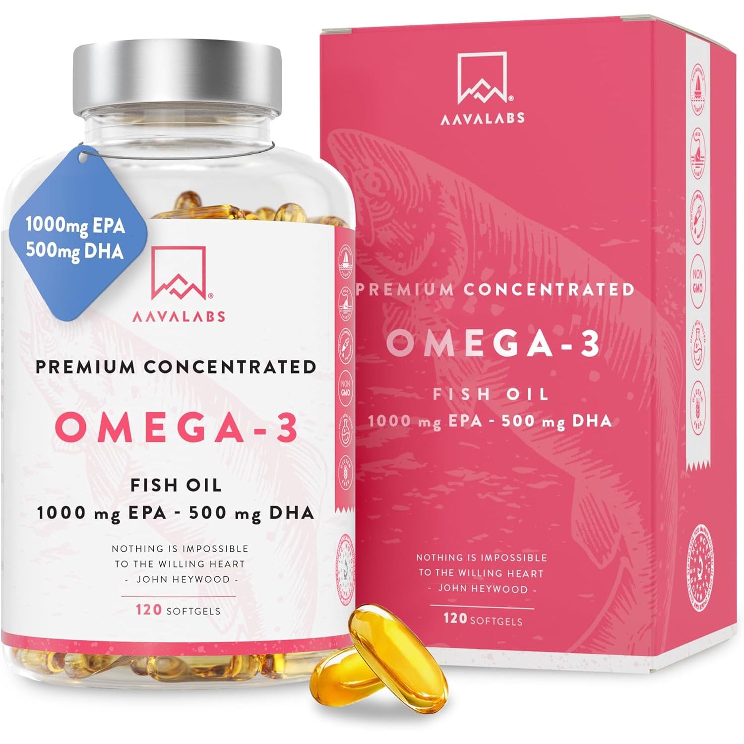 AAVALABS Omega 3 Fish Oil 2000Mg per Daily Dose (2 Softgels) - 1000Mg EPA + 500 Mg DHA per Dose - High Strength Omega 3 Fatty Acids Supplements - Molecularly Distilled - 120 Capsules - 60 Days Supply