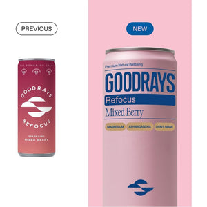 Goodrays Refocus, Sparkling Functional Drink with Magnesium Citrate, Lion'S Mane Mushroom, Ashwagandha and Vitamin D, Low Calorie, Mixed Berry, 12 X 250Ml, Packaging May Vary