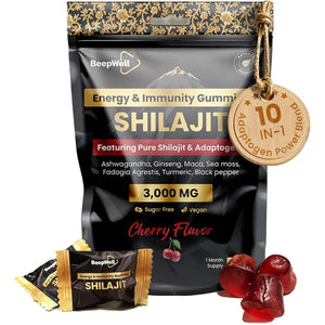 Beepwell Shilajit Gummies – Enhanced Strength Gummies for Overall Wellness, Naturally Sweetened Vegan Gummies – Natural and Pure – 60 Gummies – Cherry Flavored