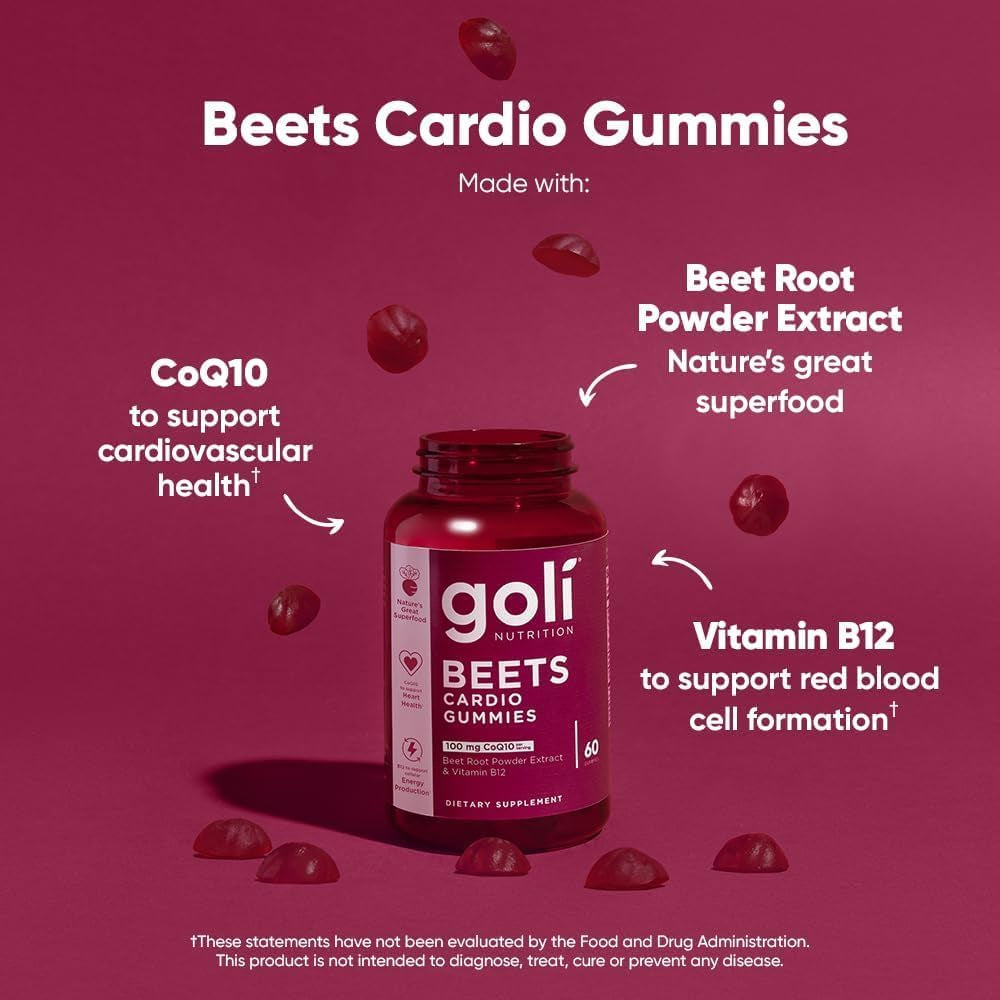 Goli Nutritional Supplement, Beets Cardio Gummy - 60 Count - 100Mg Coq10 & Beet Root Extract - Gluten-Free, Vegan, Non-Gmo, and Gelatin-Free. Nature'S Great Superfood.