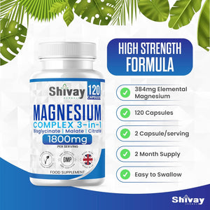 Magnesium Glycinate 3 in 1 Complex | 1800Mg per Serving - 384Mg Elemental Mg | High Strength Magnesium Bisglycinate, Malate, Citrate | 120 Vegan Capsules | Made in the UK by Shivay Herbals