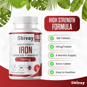Iron 14Mg Tablets | 180 Vegan Tablets - 6 Month Supply | High Strength Ferrous Fumarate Supplement | for Tiredness & Fatigue | Made in the UK by Shivay Herbals