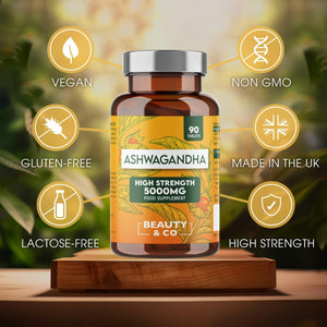 Ashwagandha 5000Mg 90 Tablets, Super High Strength Ashwagandha- 3 Months Supply from Beauty & Co, Pure Ashwagandha, Vegan, Made in the UK.