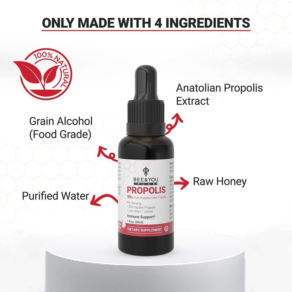 Bee&You, Propolis Liquid Extract Drops, 50% Pure Propolis, Ultra plus Strength, Immune Support Supplement, Sore Throat, Allergy Relief, Respiratory, Antioxidants, Keto, Paleo, Gluten-Free, 1 Fl Oz
