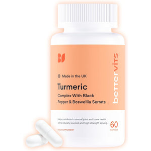 Bettervits Turmeric and Black Pepper Capsules with Boswellia Serrata - 10,000Mg Curcumin Supplement | Turmeric Tablets Complex for Joint Support with High Absorption Formula and Vitamin C - 60 Tablets