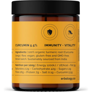Erbology Organic Turmeric Powder 90G - 90 Servings - 5.5% Curcumin - No Additives or Preservatives - Sustainably Sourced Straight from Farm in India - Small Batch - Vegan - Gmo-Free