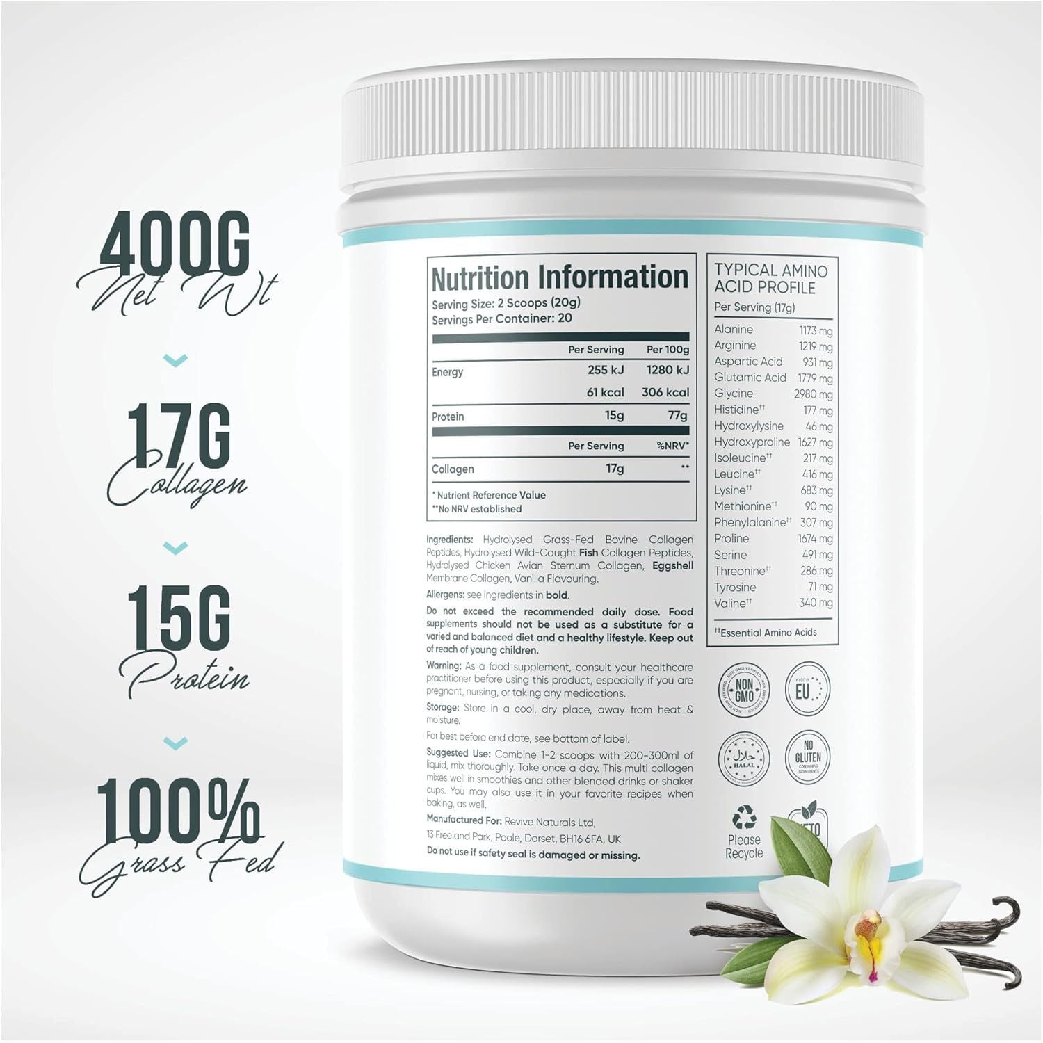 Vanilla Multi Collagen Protein Powder - 400G - Unsweetened - 5 Types of Collagen Peptides - Hydrolysed Grass Fed Bovine, Wild Caught Marine & Free-Range Chicken - Keto Approved