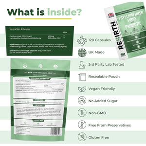 Psyllium Husk Fibre Supplement 4000Mg with Probiotic Acidophilus – 120 Capsules, High Fiber Supplement for Digestion & Gut Health,3Rd Party Lab Tested, UK Made by Rebirth Wellness