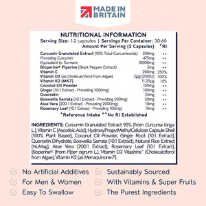 Powerful Curcumin 95 & Bioperine - Turmeric Capsules High Strength with Black Pepper - High Absorption 95% Curcuminoids - with D3, K2, Coconut & Botanicals - 60 Capsules (Not Tablets) - Made in the UK