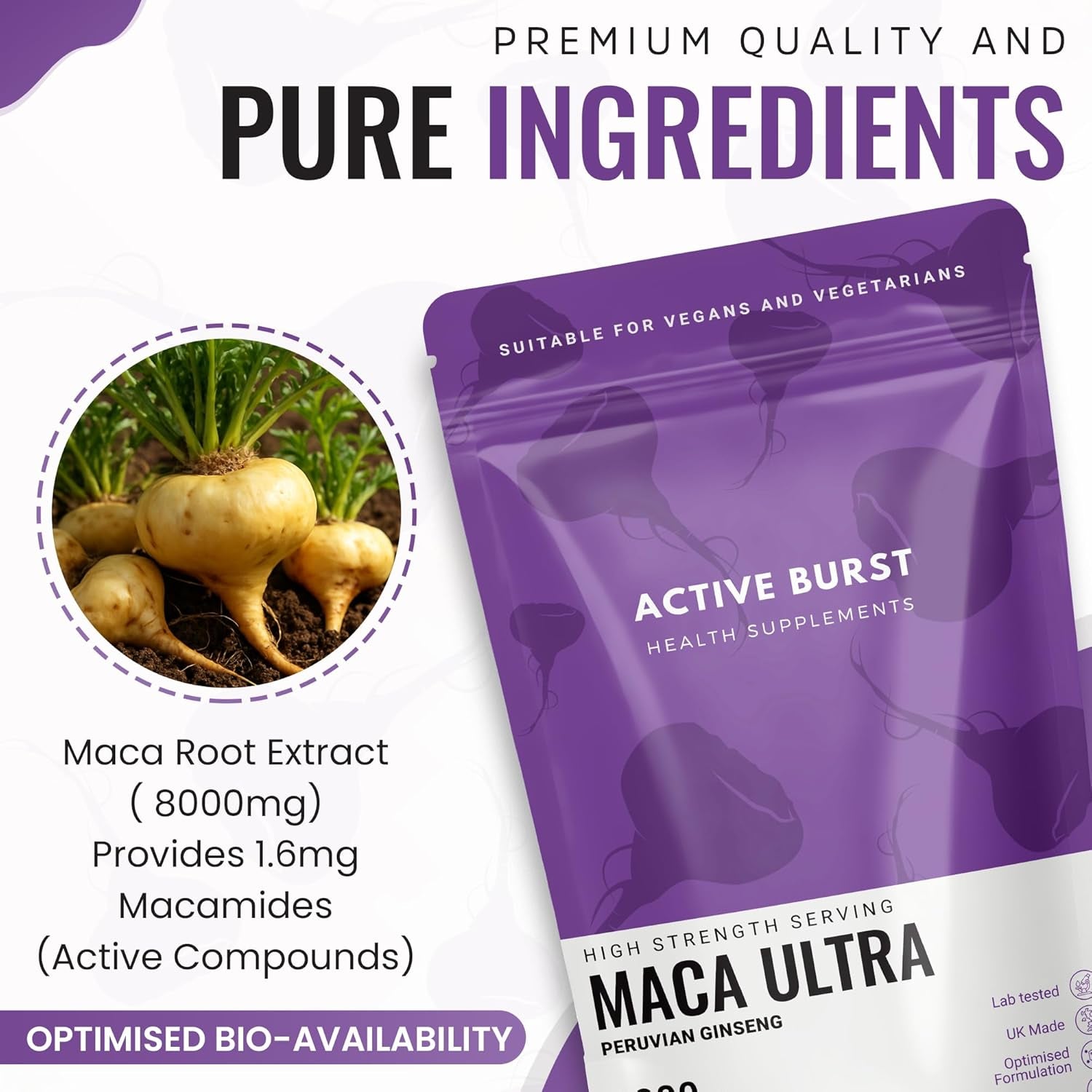 Macaroot Ultra – Maca Root Capsules 8000Mg | Peruvian Ginseng 10:1 Extract | 1.6Mg Macamides | Energy, Mood & Hormone Support | Vegan, UK Produced, Lab Tested | 90 Capsules | Activeburst Nutrition